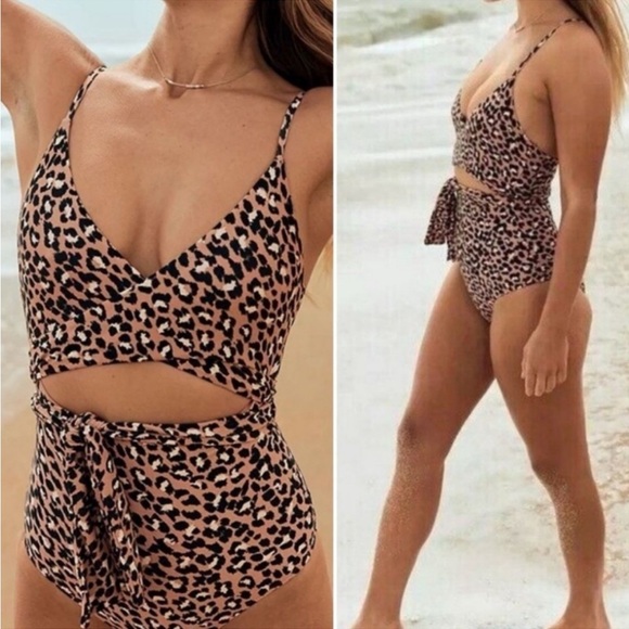 Leopard Print Aerie Wrap Swimsuit - Picture 1 of 8